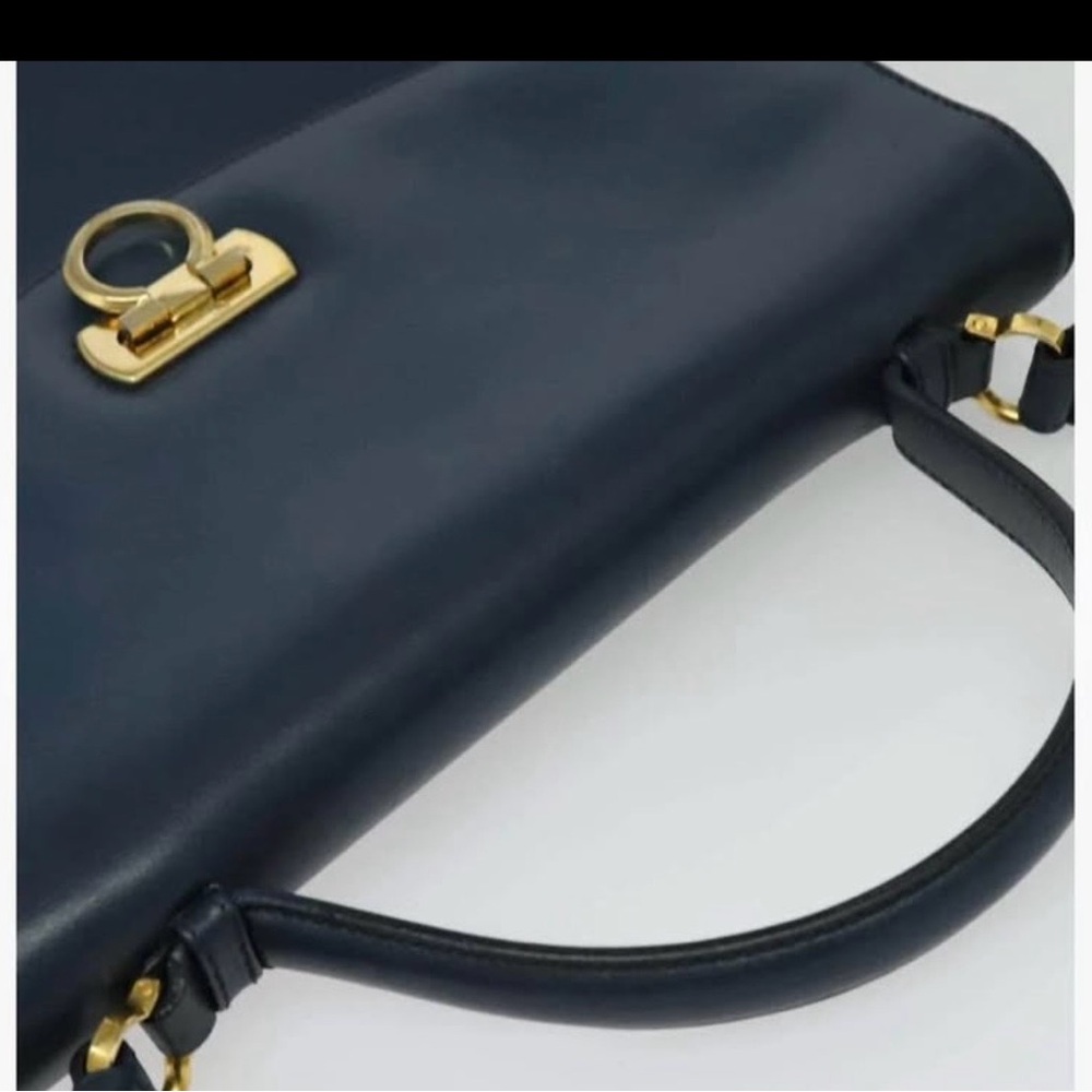 Salvatore Ferragamo Navy Blue Leather Top Handle Shoulder Bag with Gold Hardware - Picture 3 of 10